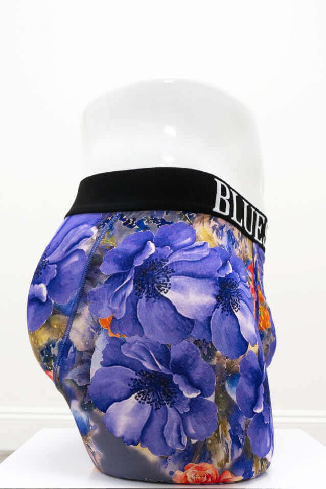 Opposite side view of men's bamboo boxer briefs with striking floral pattern