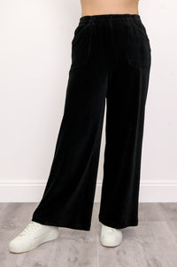 Black wide-leg corduroy trousers with elastic waist and front pockets
