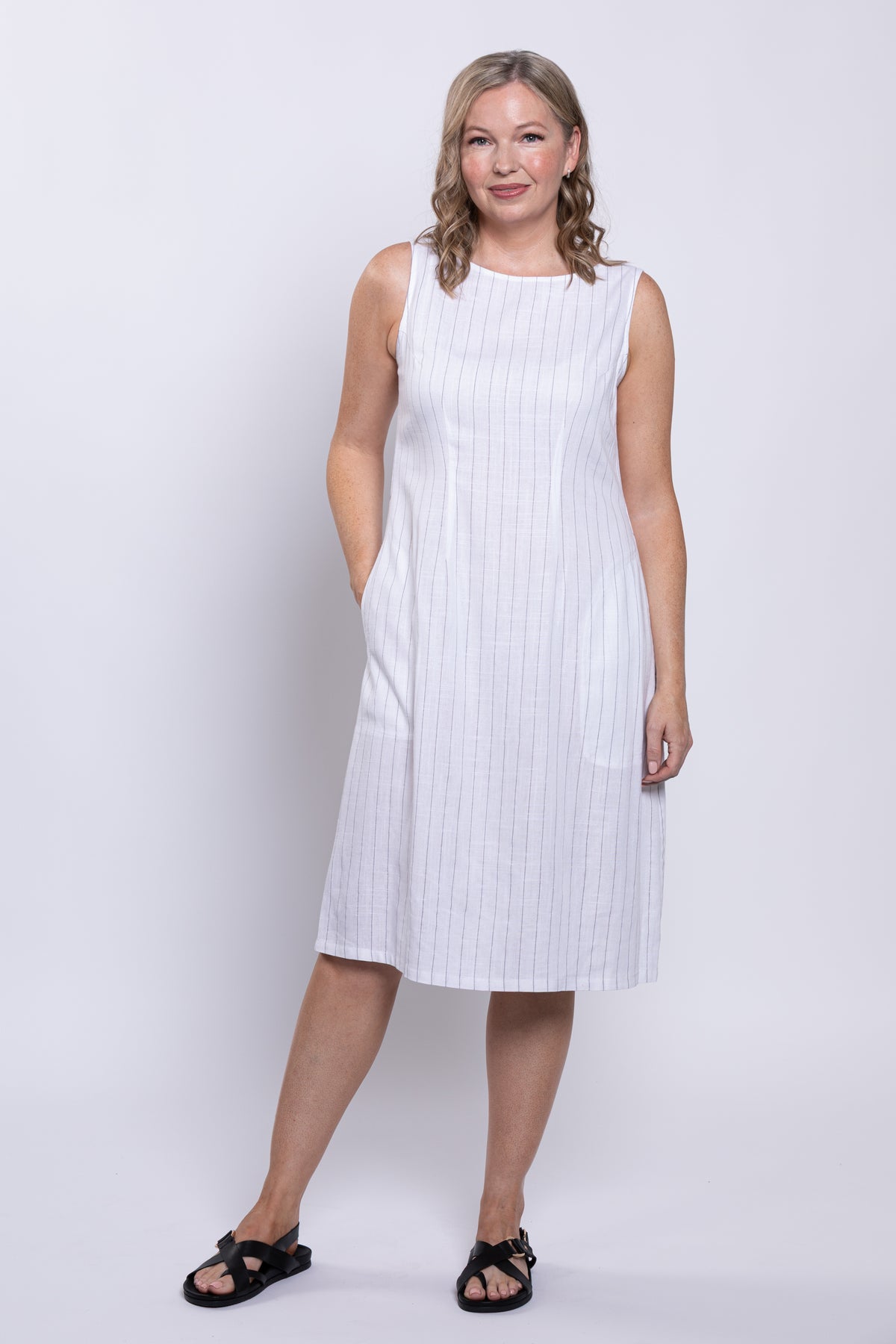 Patricia Dress, White Stripe, Linen Bamboo