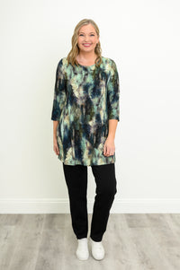 A-line watercolor tree pattern knit top with 3/4 sleeves, styled with black pants and white shoes, front view.
