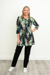 A-line forest pattern knit tunic blouse with 3/4 sleeves, styled with black trousers and white shoes.