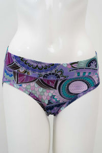 Front view of hipster underwear with vibrant purple and teal petal burst pattern