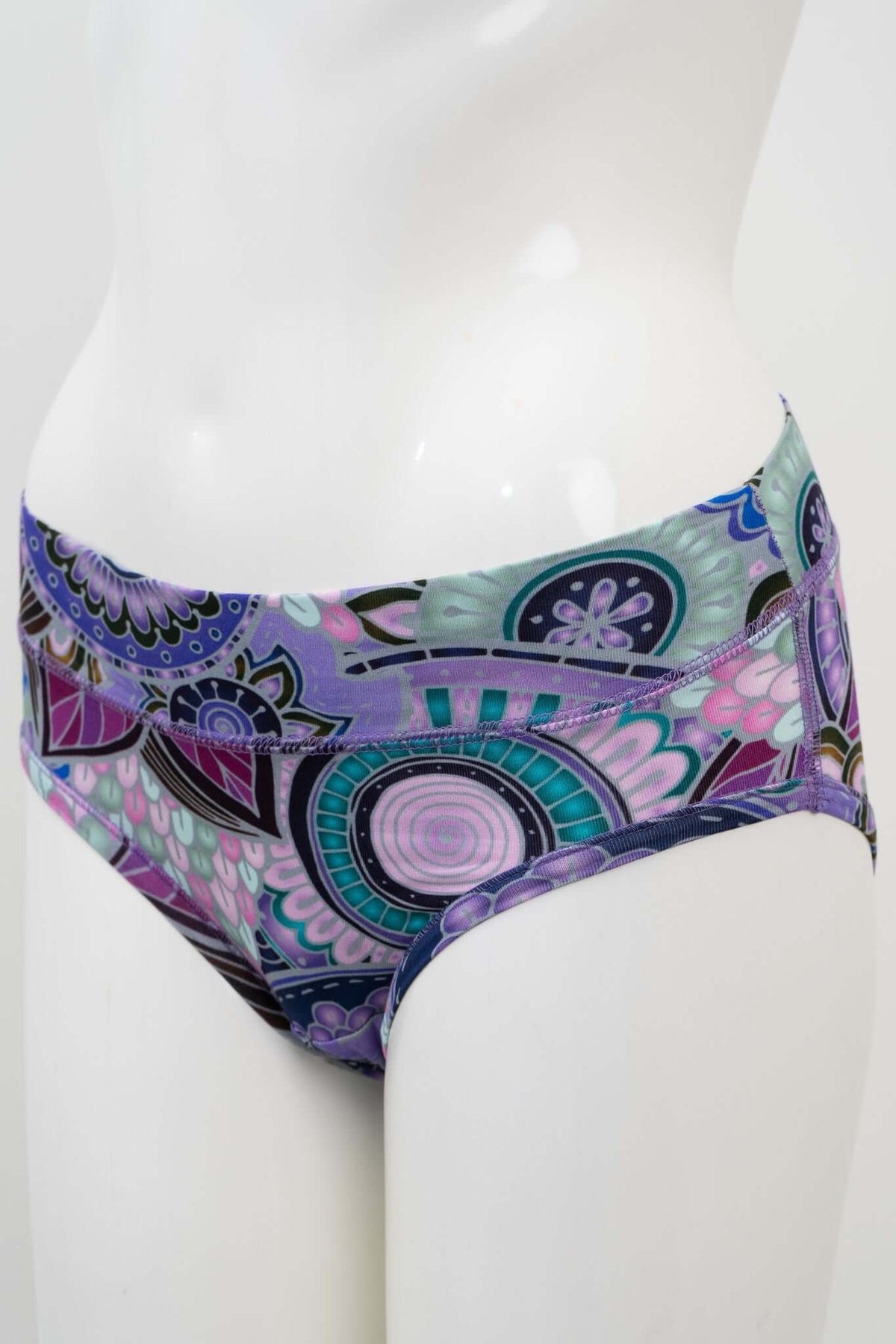 Side view of petal burst patterned hipster underwear for women