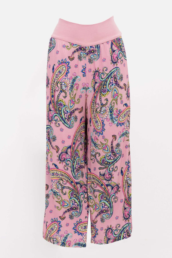 Pink paisley Landon capri pants with wide-leg and flowy cropped style