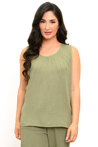 Pleat Tank, Sage, Cotton Gauze
