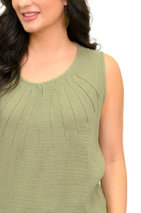 Pleat Tank, Sage, Cotton Gauze
