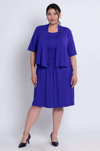 Model in purple bamboo dress with matching open cardigan, front view
