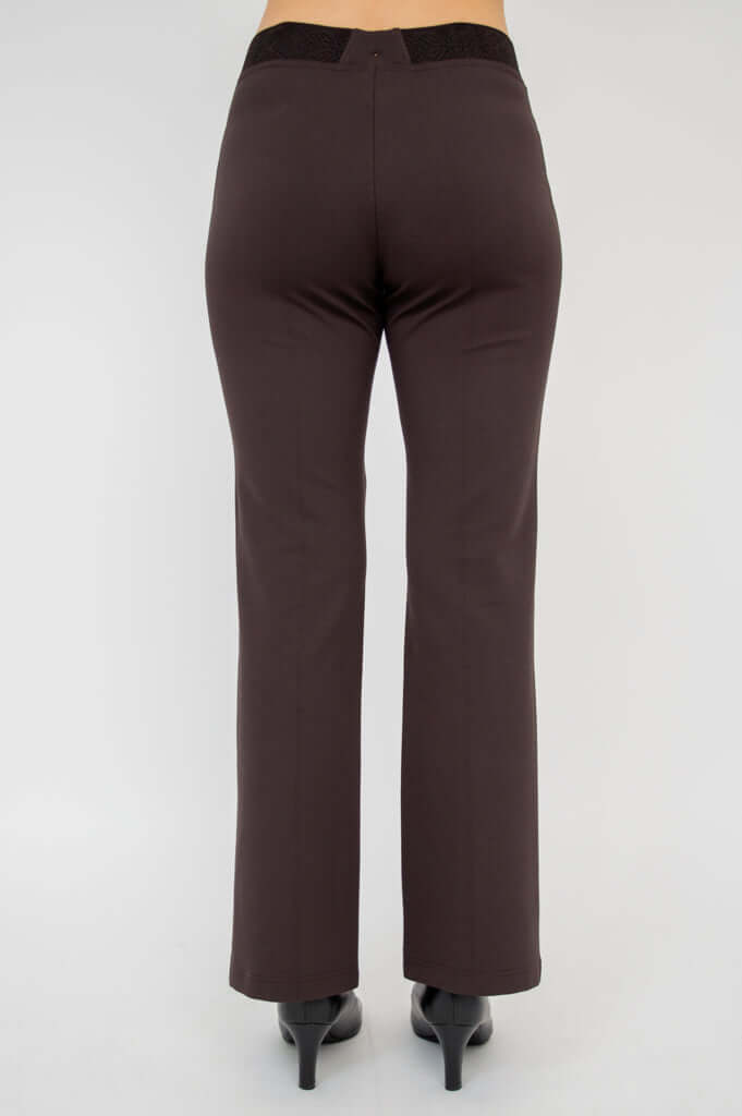 Rear view of Daya Flared Modal Pants in coffee color, showing back waist detail