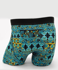 Rear view of Middle Man underwear showcasing the vibrant blue and yellow pattern