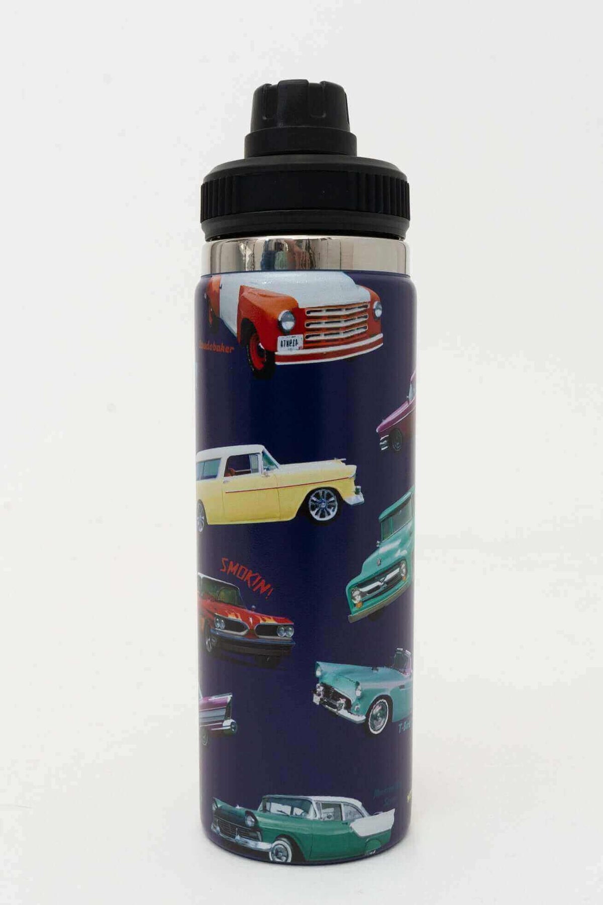 500ml insulated water bottle with vintage car illustrations and black cap