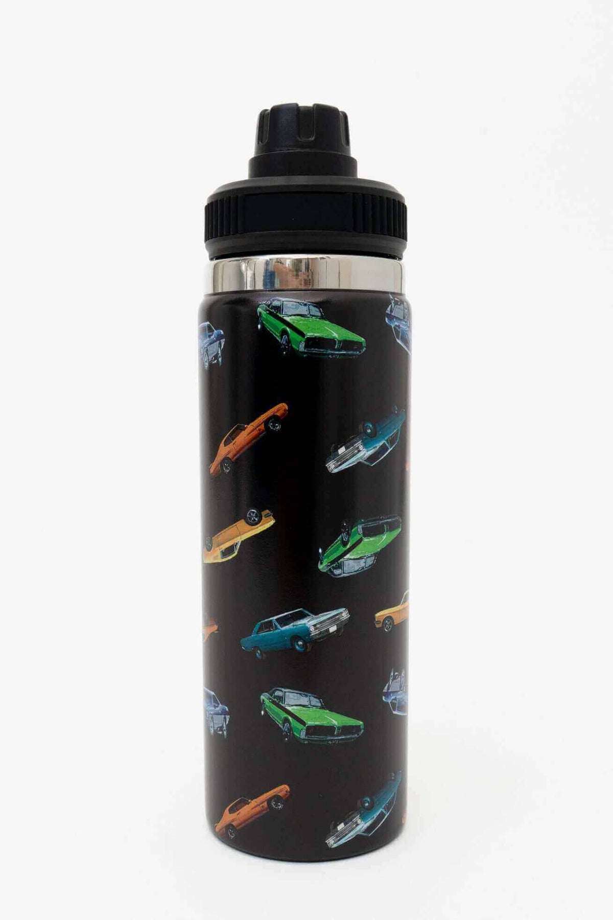 Insulated water bottle with colorful retro car pattern and black screw-off cap