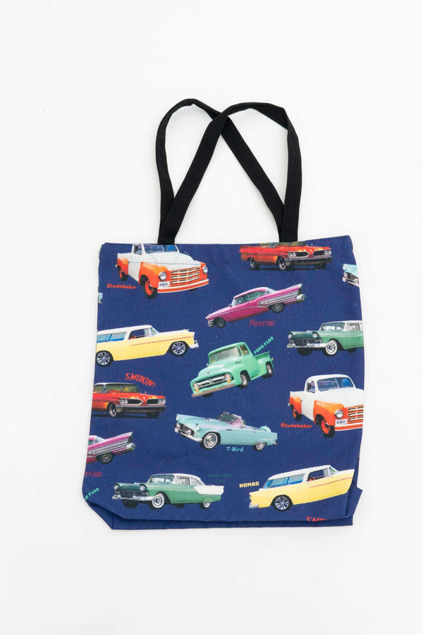 Reusable cotton canvas tote bag with colorful retro classic car print and black handles