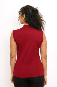Rear view of a sleeveless dark red knit top showing smooth back fit and clean shoulder tailoring.
