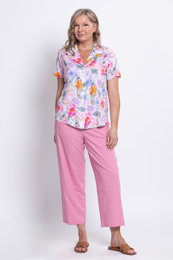 Samantha Blouse, Pink Bouquet, Linen Bamboo