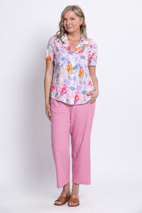 Samantha Blouse, Pink Bouquet, Linen Bamboo