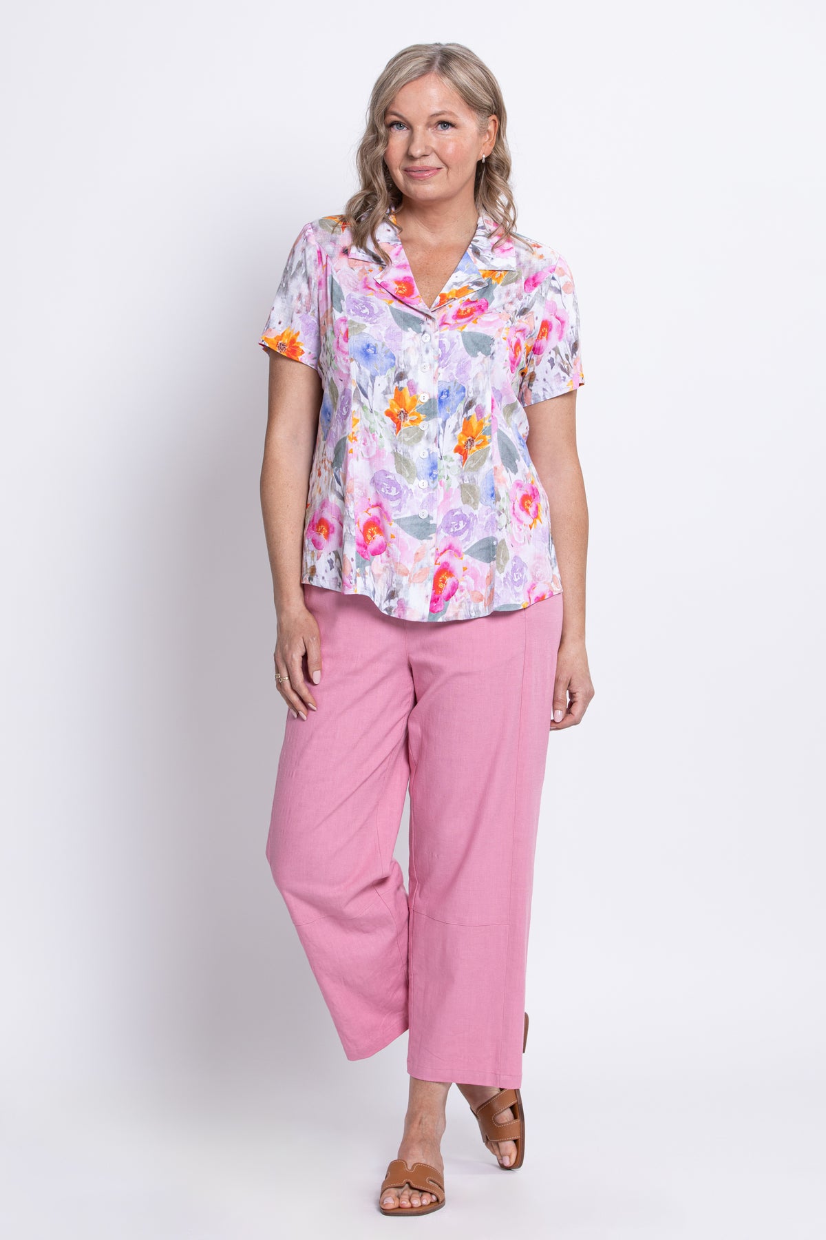 Samantha Blouse, Pink Bouquet, Linen Bamboo