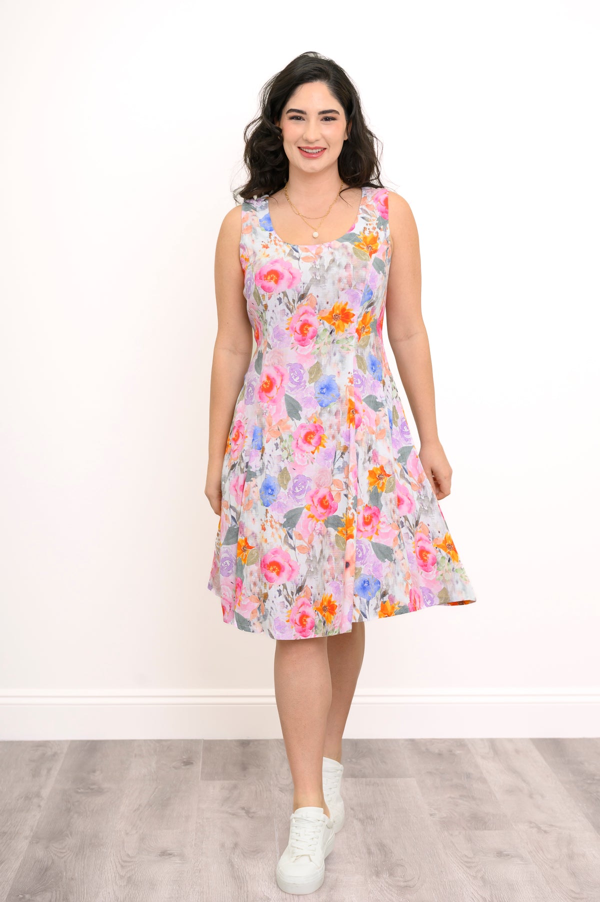 Sara Dress, Pink Bouquet, Linen Bamboo