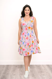 Sara Dress, Pink Bouquet, Linen Bamboo