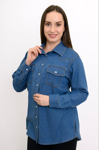 Close-up front view of woman wearing western style button up denim shirt