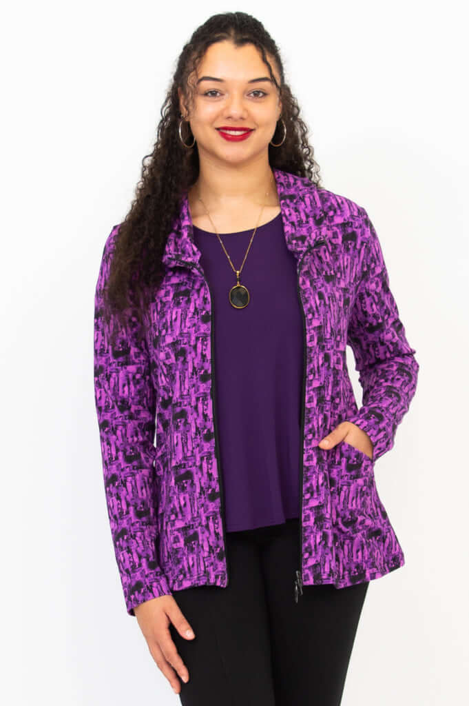 Front view of Seymour hoodie unzipped, showing layering option