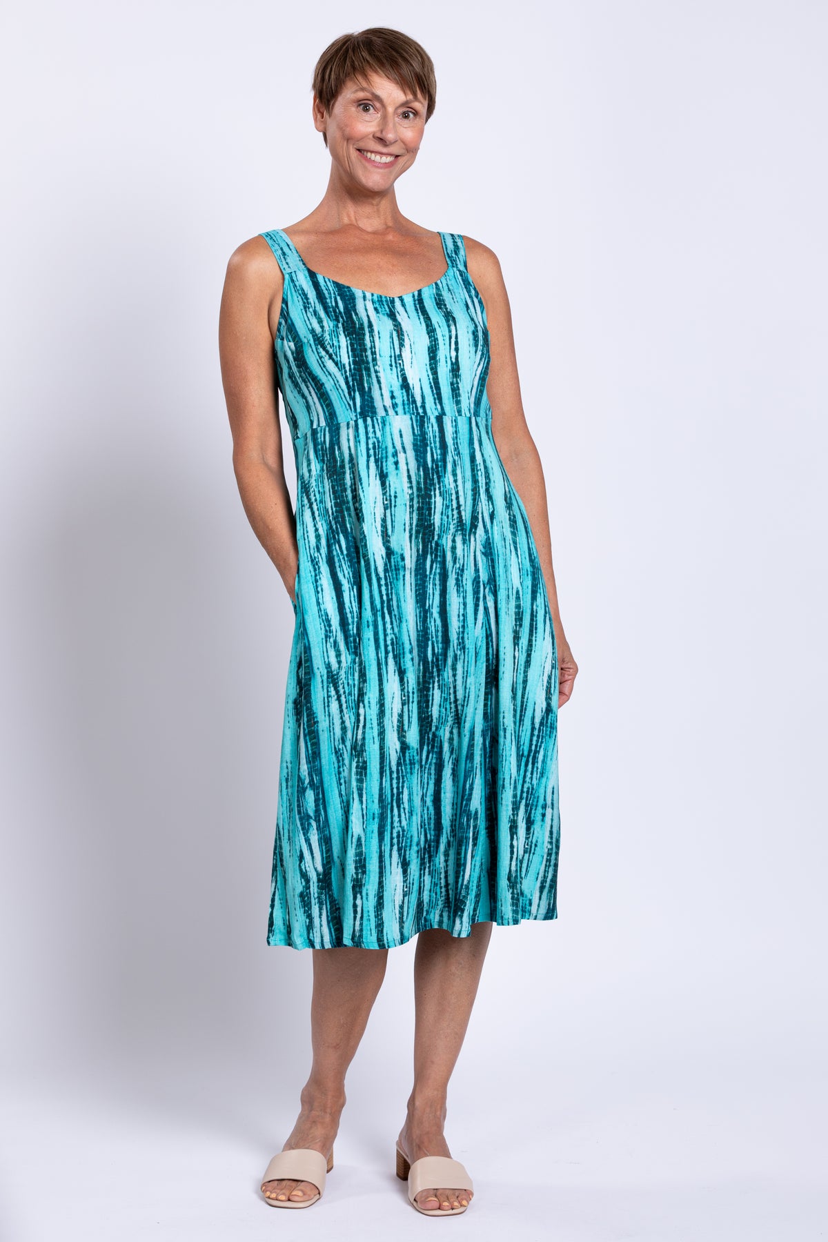 Shauna Dress, Teal Tie Dye, Linen Bamboo