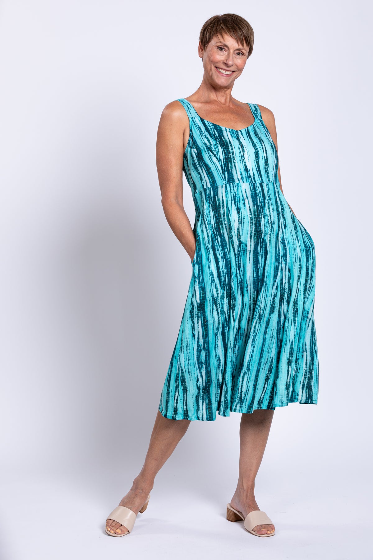Shauna Dress, Teal Tie Dye, Linen Bamboo