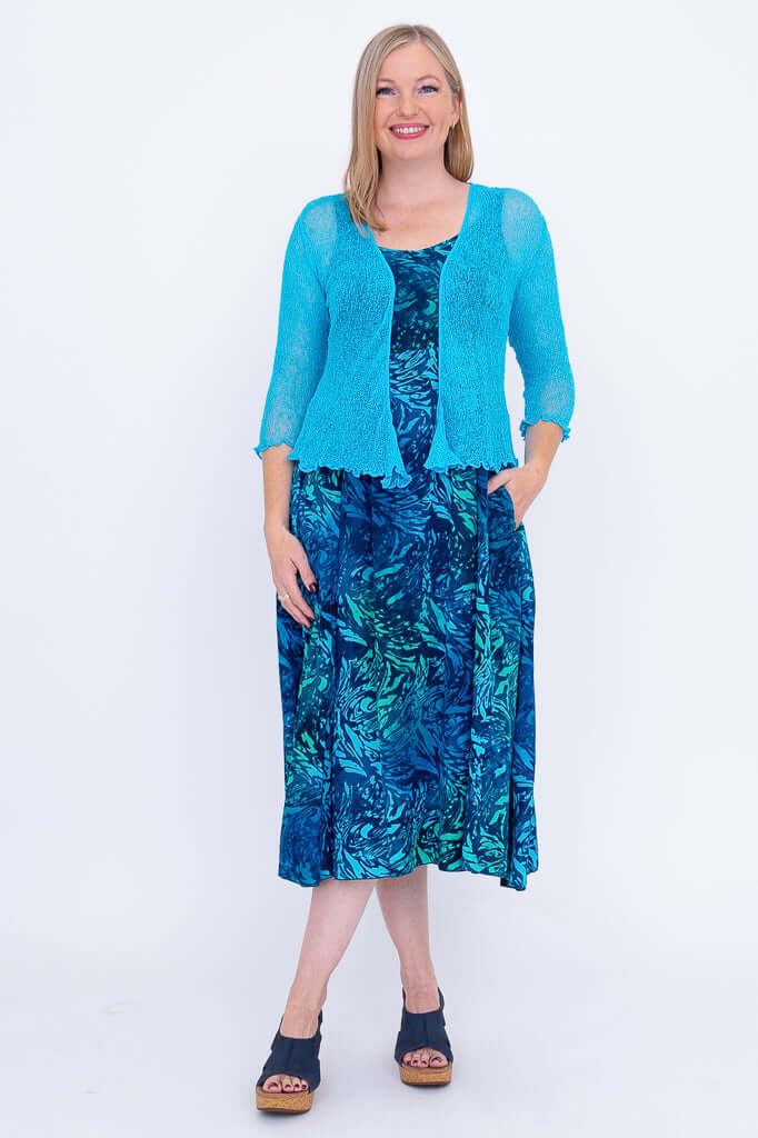 Shauna dress styled with turquoise cardigan, front view