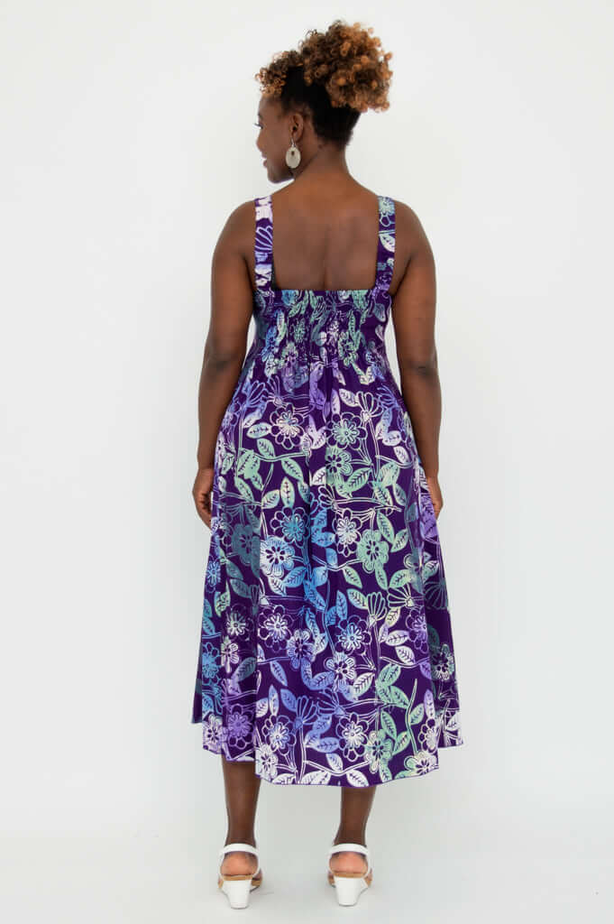 Shauna dress in violet floral print viewed from the back