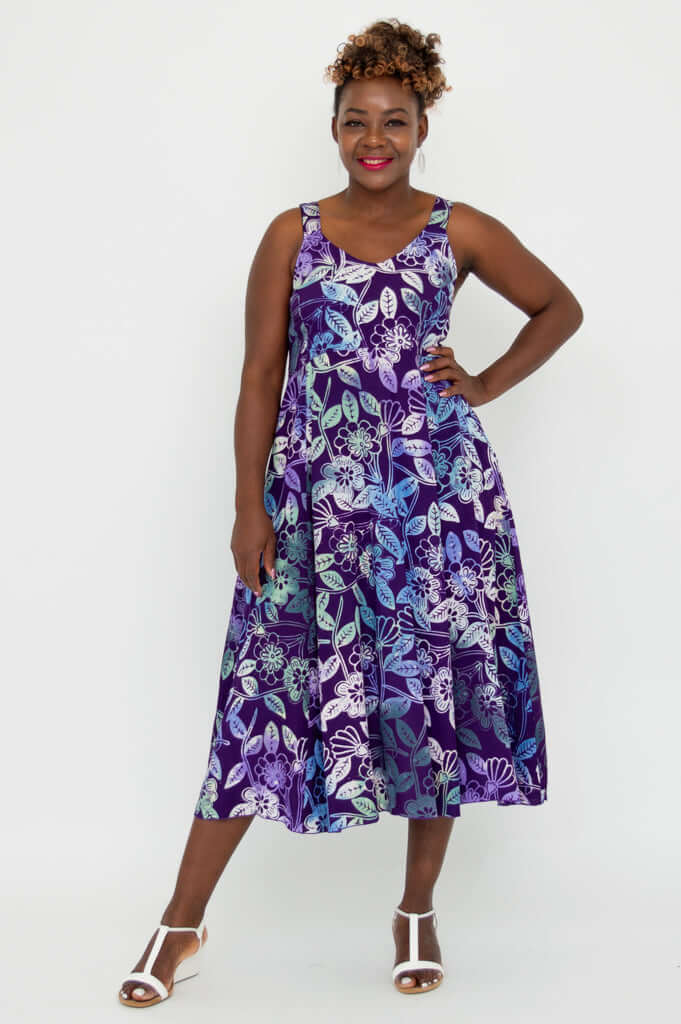 Model wearing Shauna midi dress in violet floral print front view
