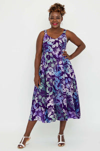 Model wearing Shauna midi dress in violet floral print front view