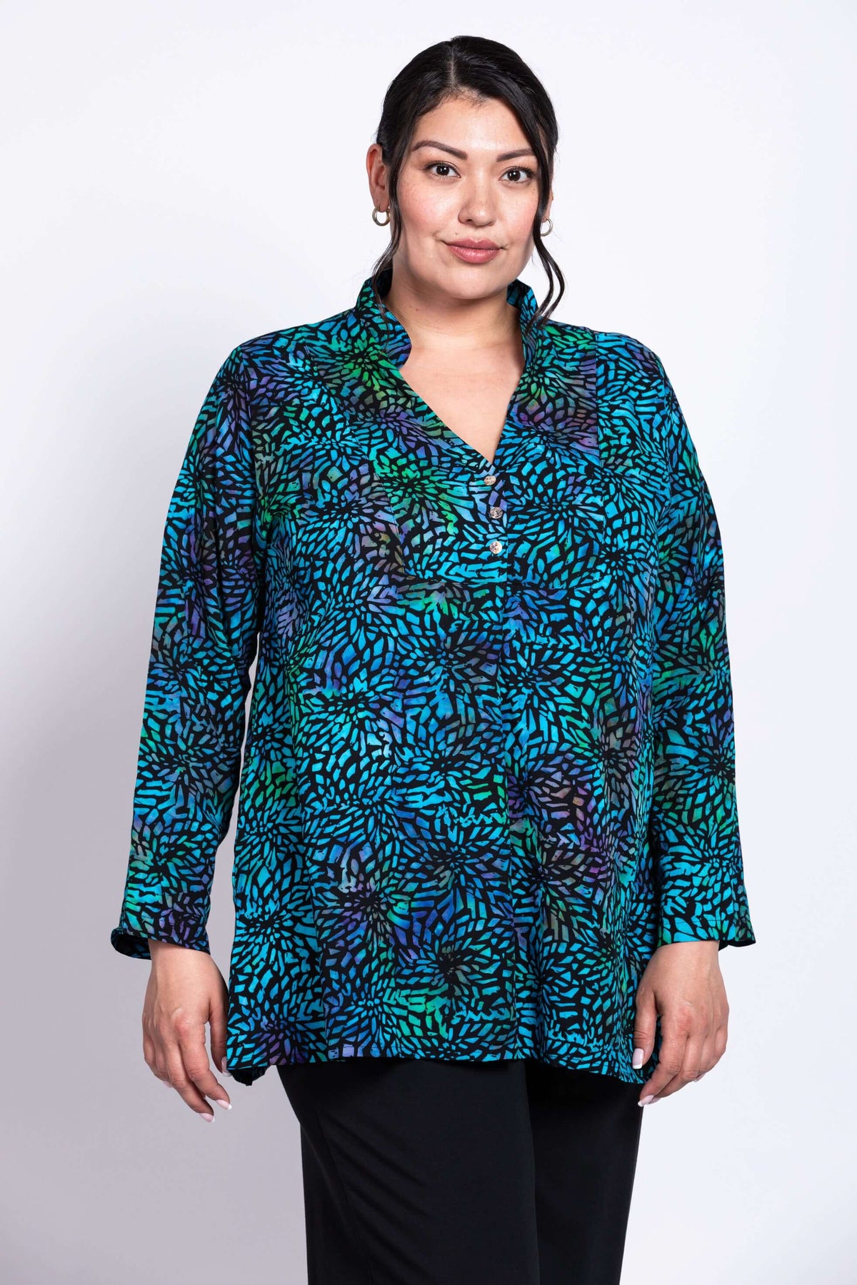 Side angled close-up of Shirley Blouse with shell buttons and mandarin collar