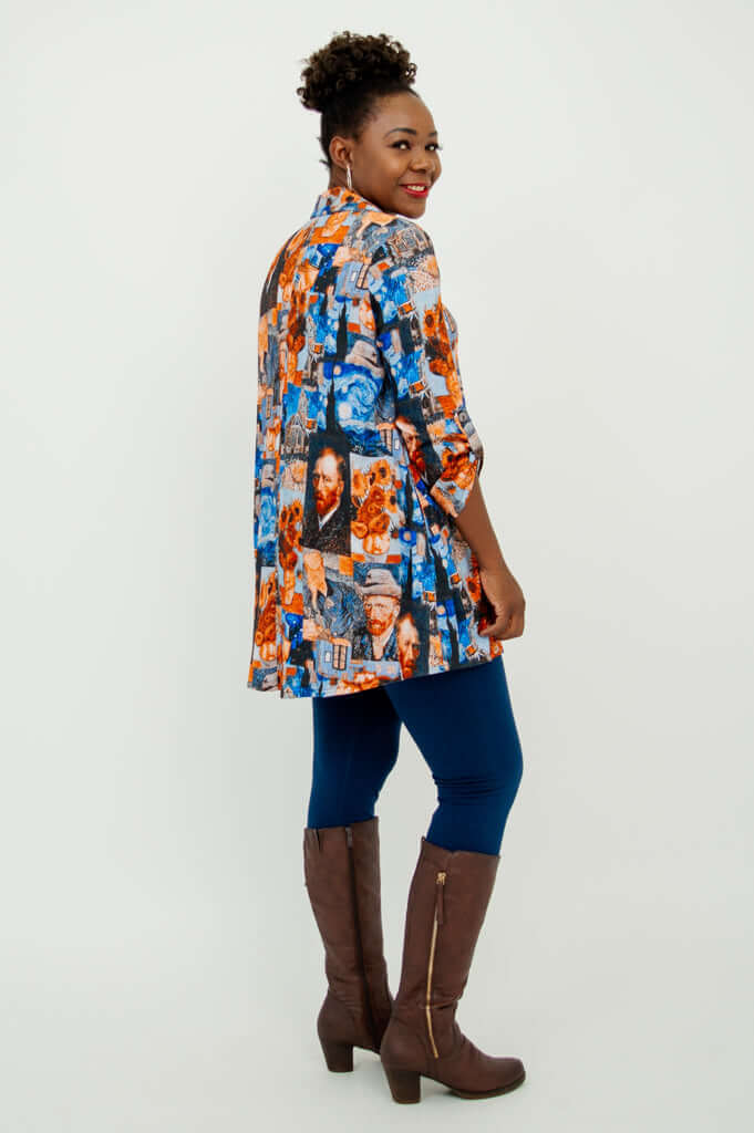 Woman in Van Gogh art tunic, turned to side, showing back and loose fit