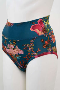 Side angle of high-waist brief showcasing colorful floral pattern
