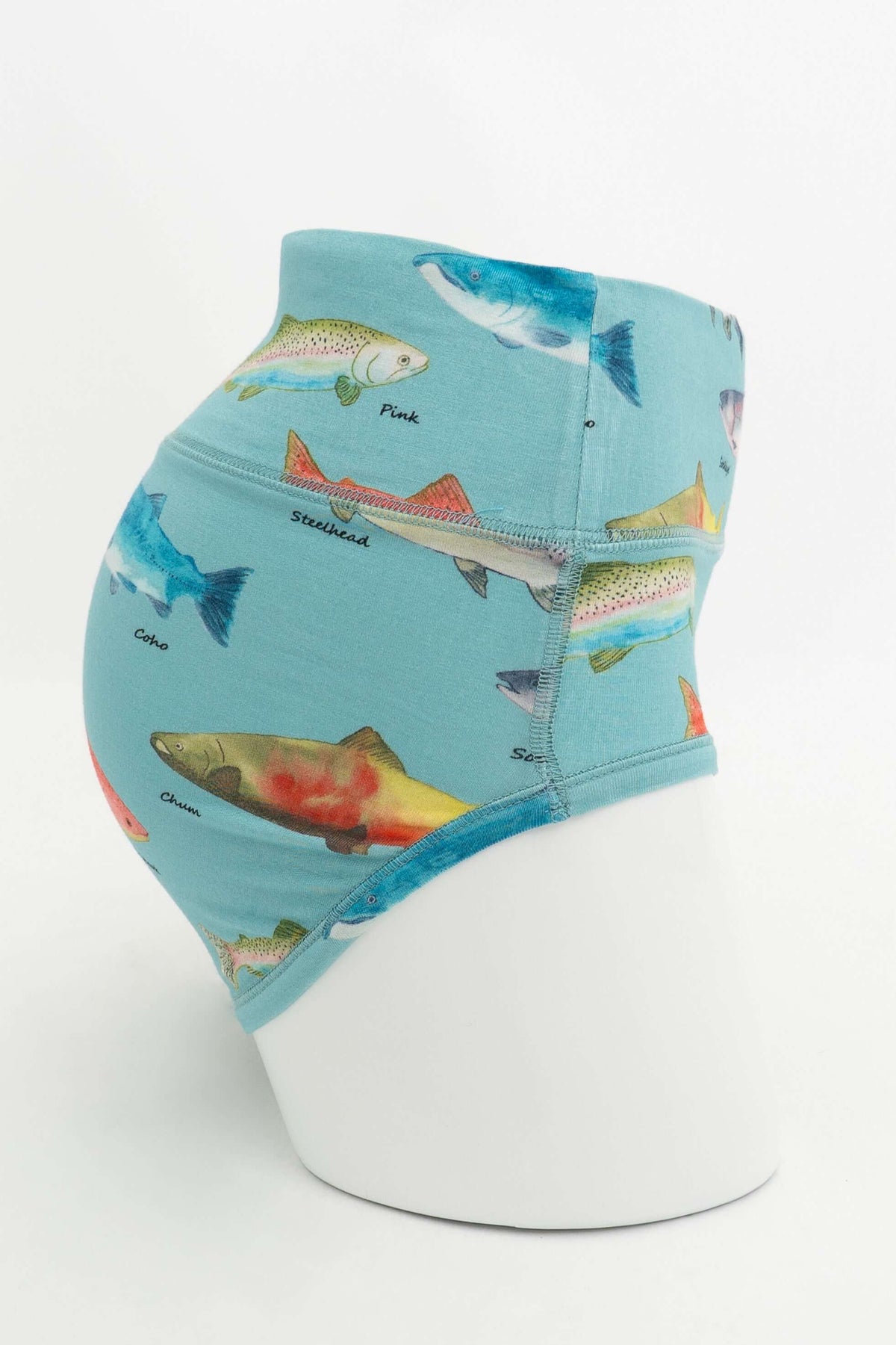 Side view of aqua briefs showing colorful fish print and wide waistband