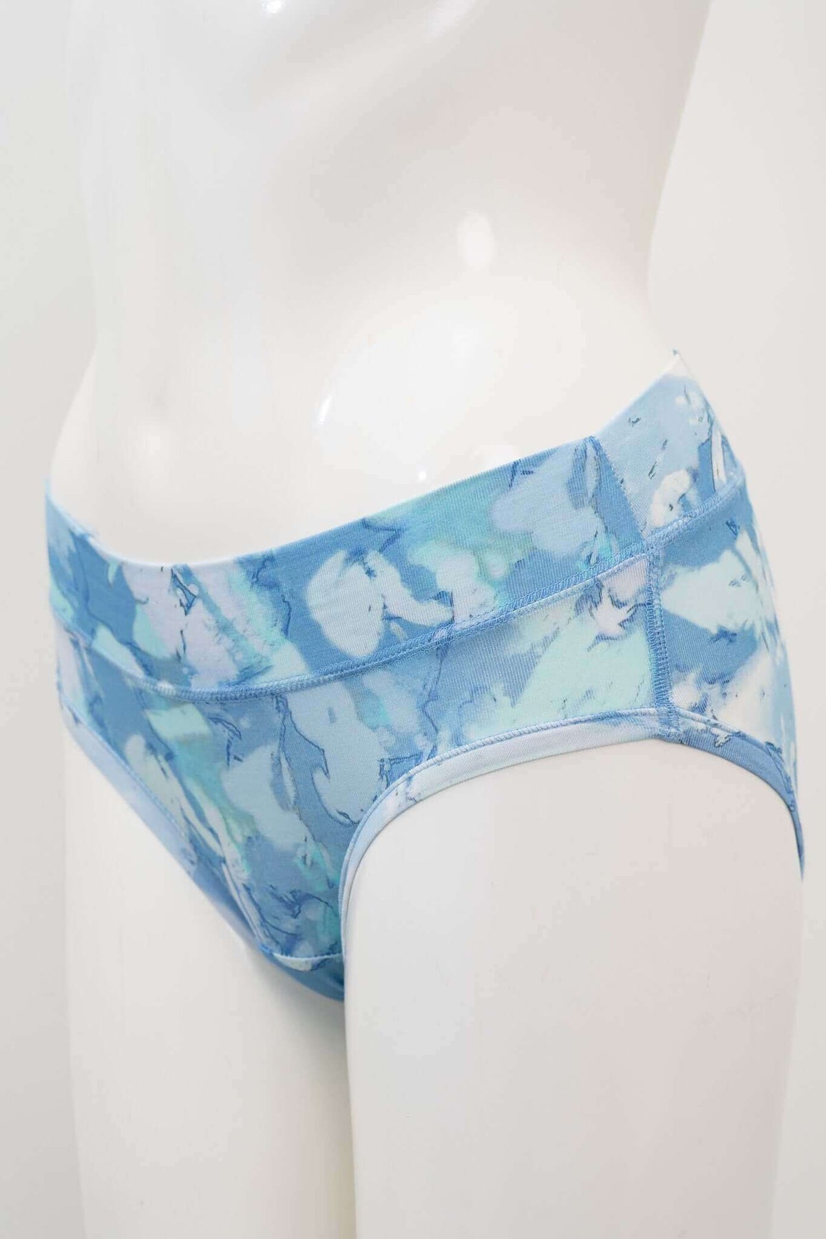 Side angle of blue bamboo hipster underwear on mannequin
