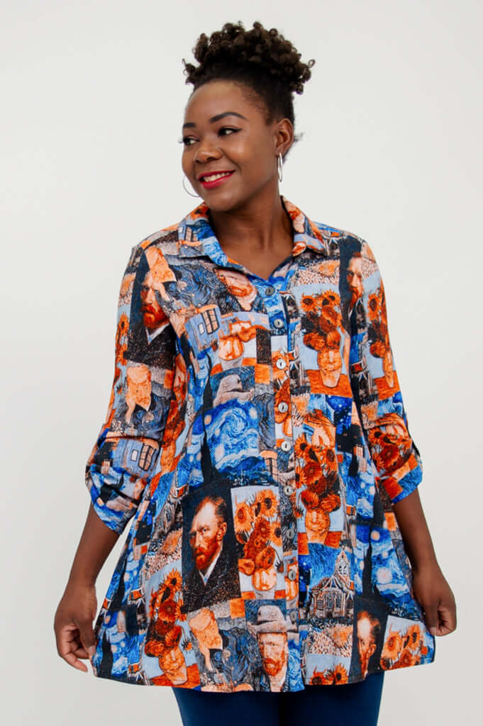 Side-facing woman modeling Van Gogh print tunic, partial turn with visible collar