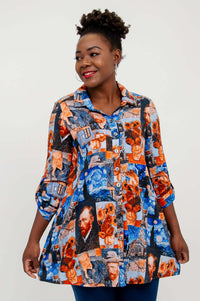 Side-facing woman modeling Van Gogh print tunic, partial turn with visible collar