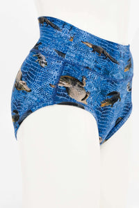 Side view of blue high-waisted crocodile print brief