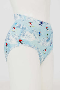Side view of high-waisted bamboo briefs with ski print on a mannequin