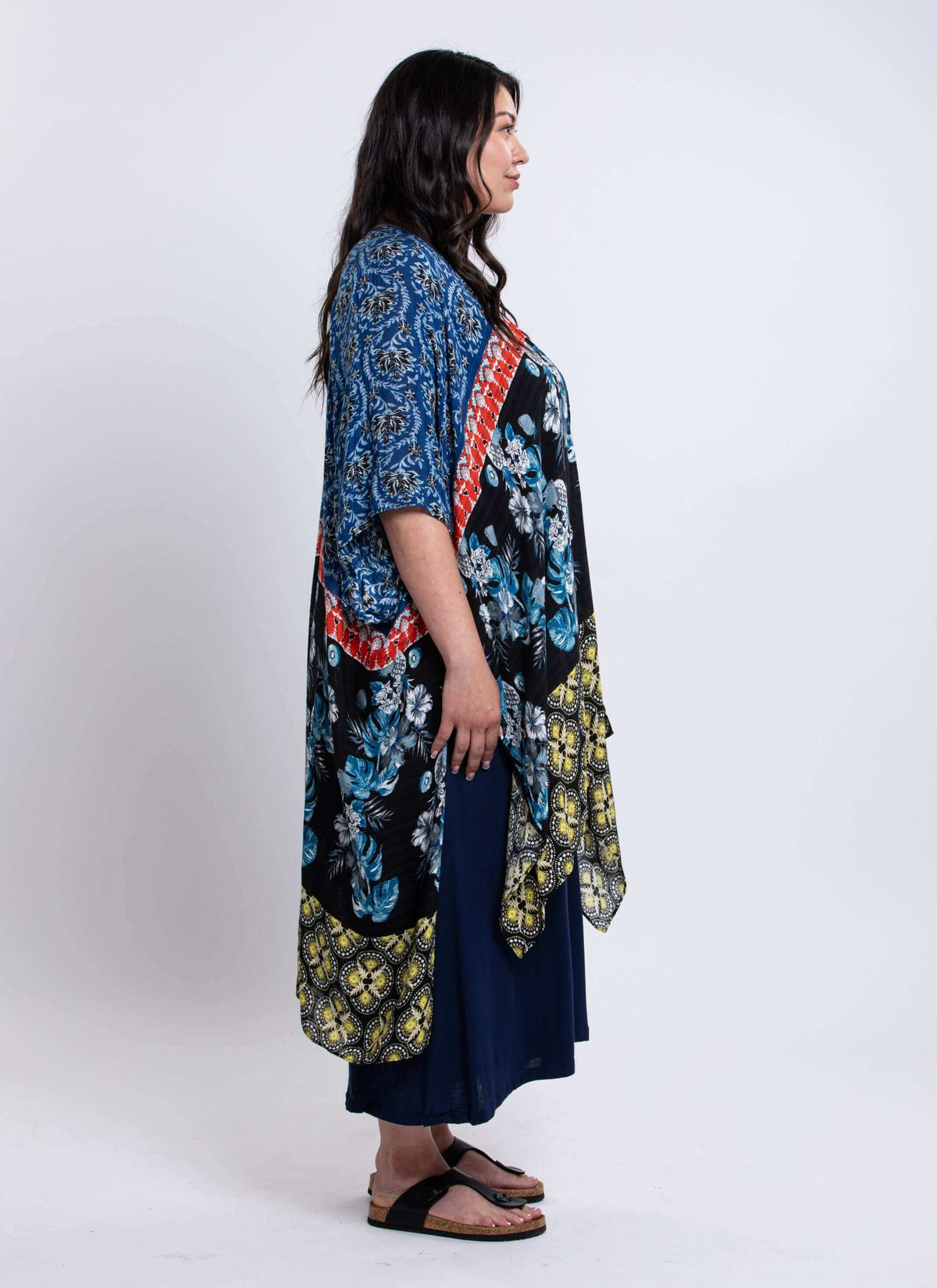 Side view of Darcy kimono wrap on woman highlighting relaxed fit and mixed print details