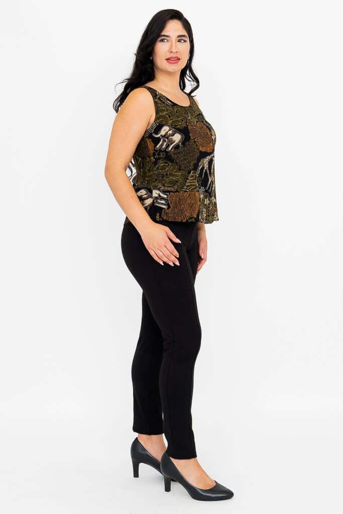Side view of woman in safari print tank top showcasing armhole and side slit details