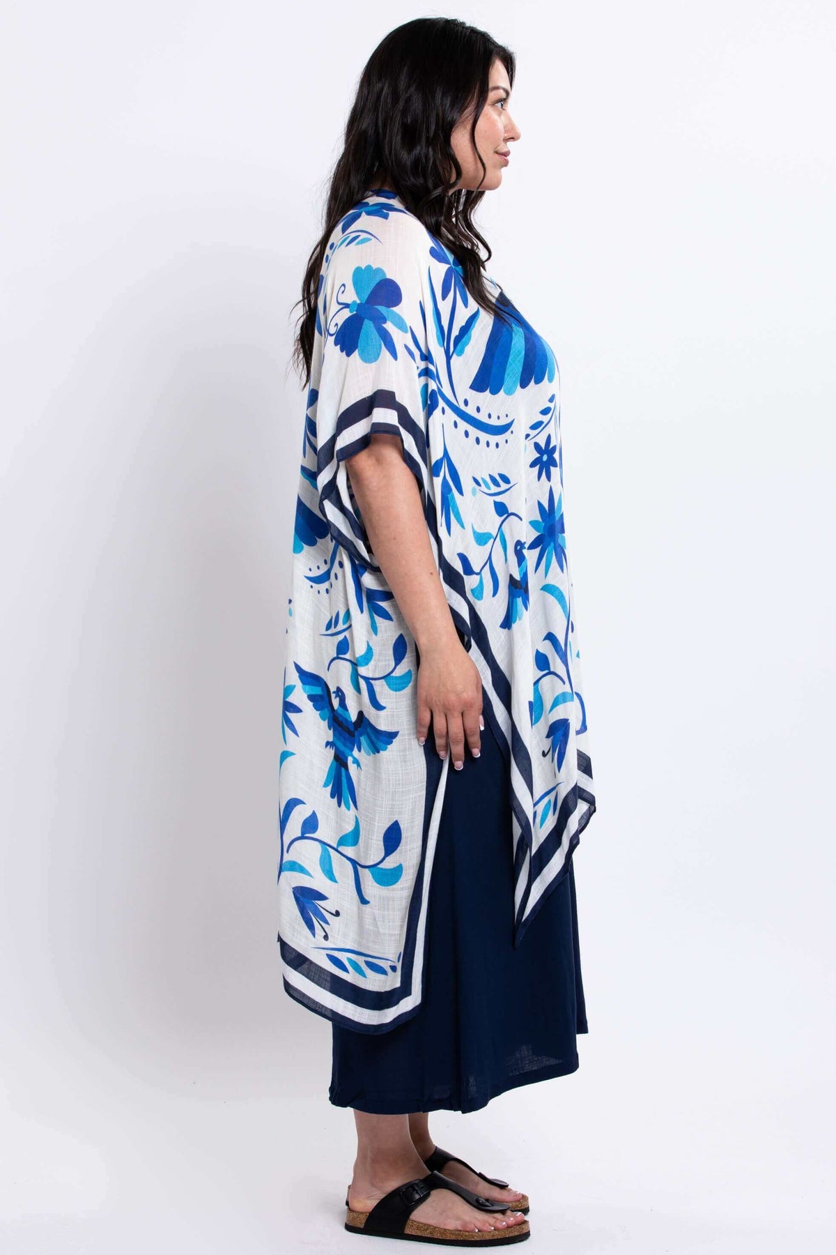 Side profile of model showing the drape of the Darcy Kimono Wrap