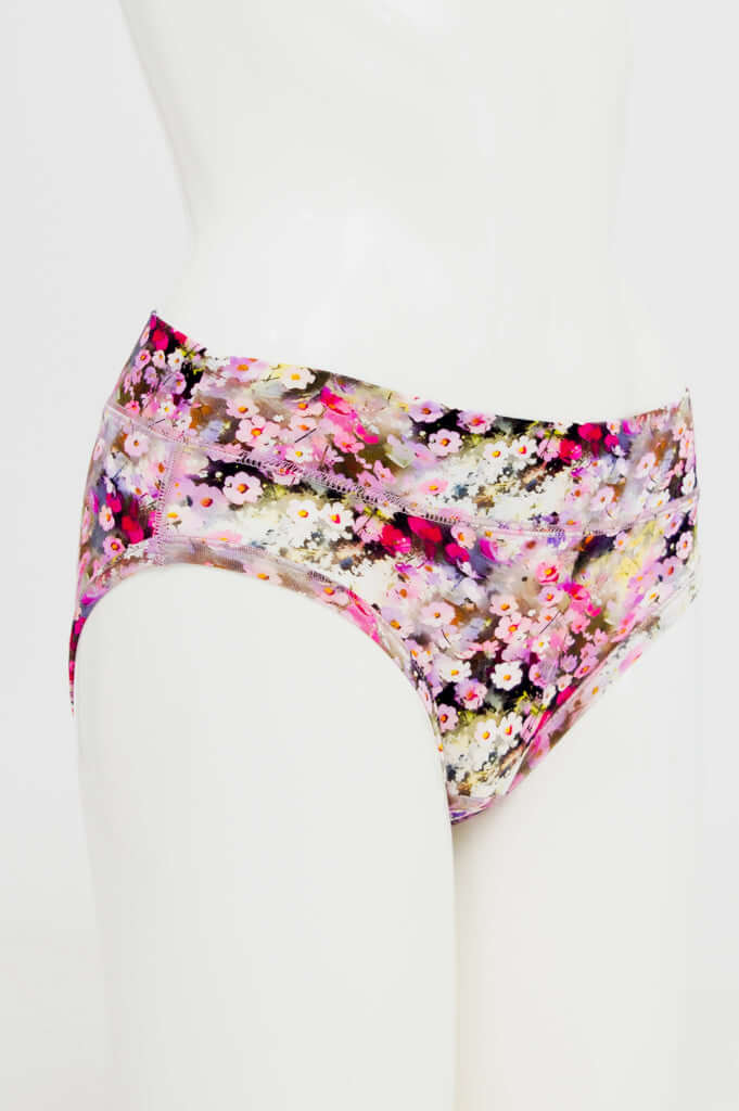 Side view of floral bamboo hipster underwear on mannequin