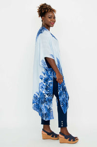 Side view of woman in Darcy kimono wrap showing draped kimono sleeves
