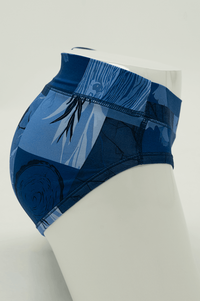 Side view of blue bamboo print hipster underwear on mannequin