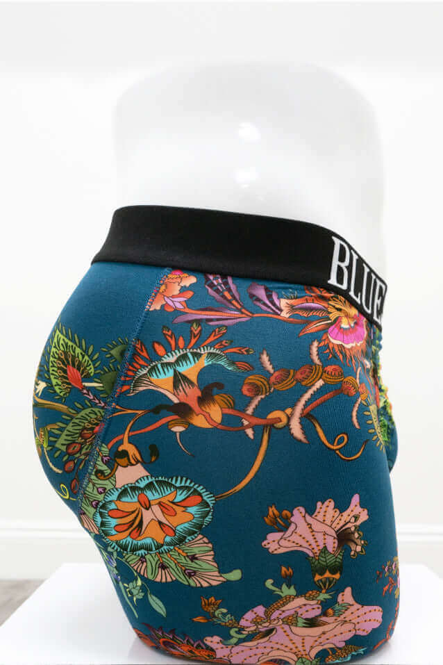 Side view of floral print bamboo boxer briefs showing waistband detail