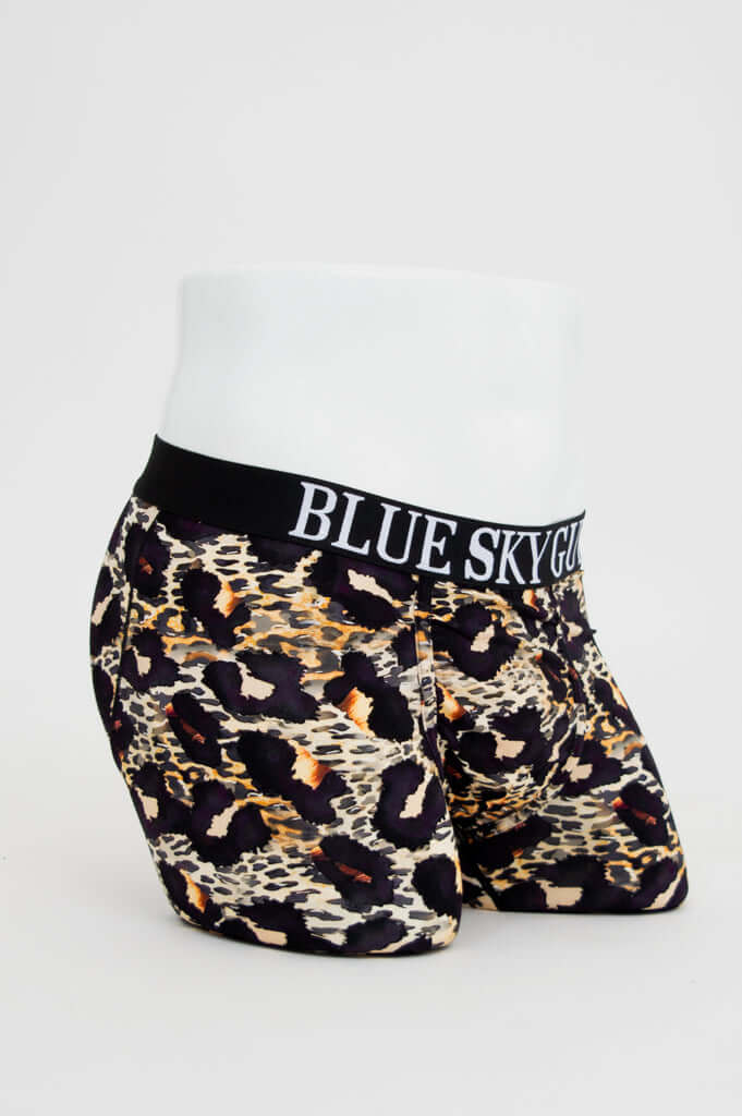 Side view of Blue Sky Guy leopard print bamboo boxer briefs on mannequin