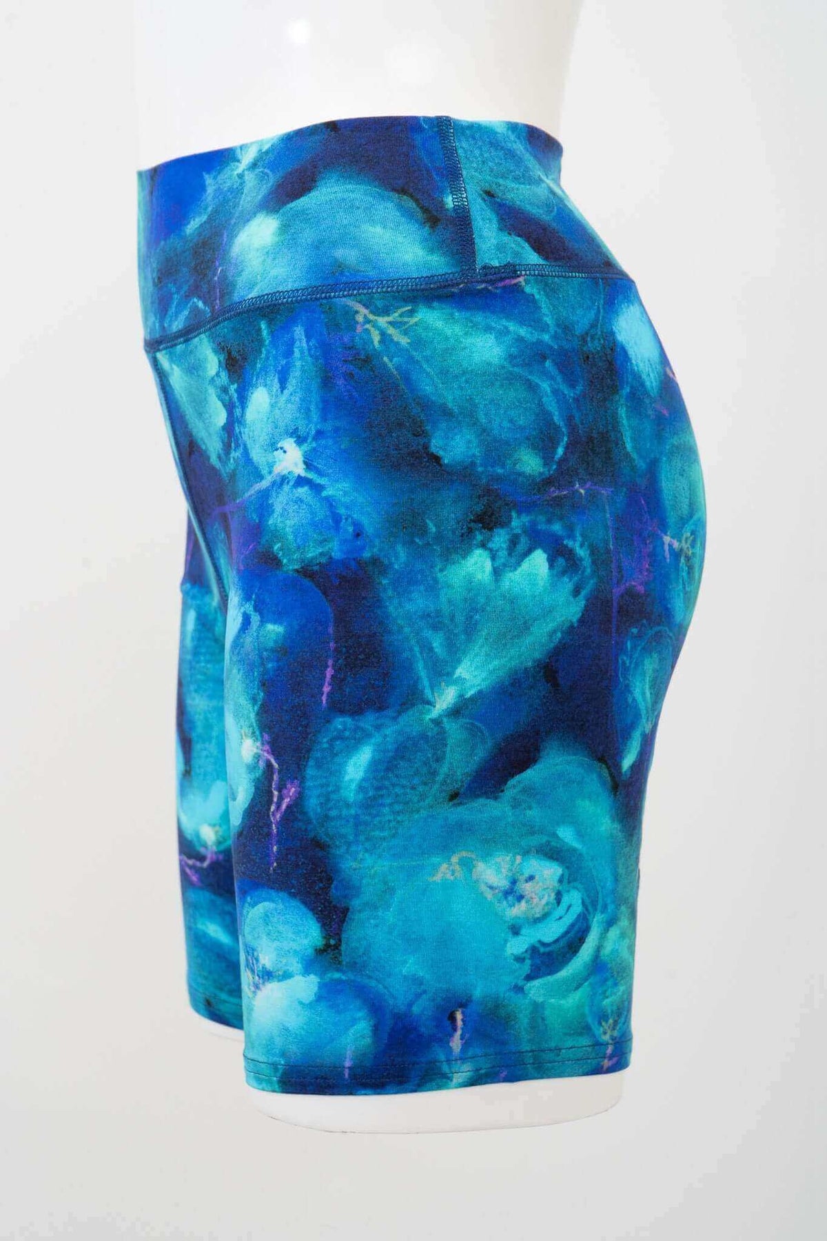 Side view of Hallie Bamboo Shorts featuring blue watercolor floral pattern