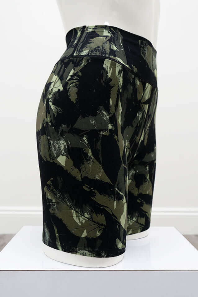 Side view of Hallie Bamboo Shorts in camouflage print on mannequin