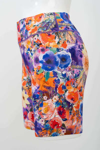 Side view of Hallie Bamboo Shorts showcasing colorful floral design and seams